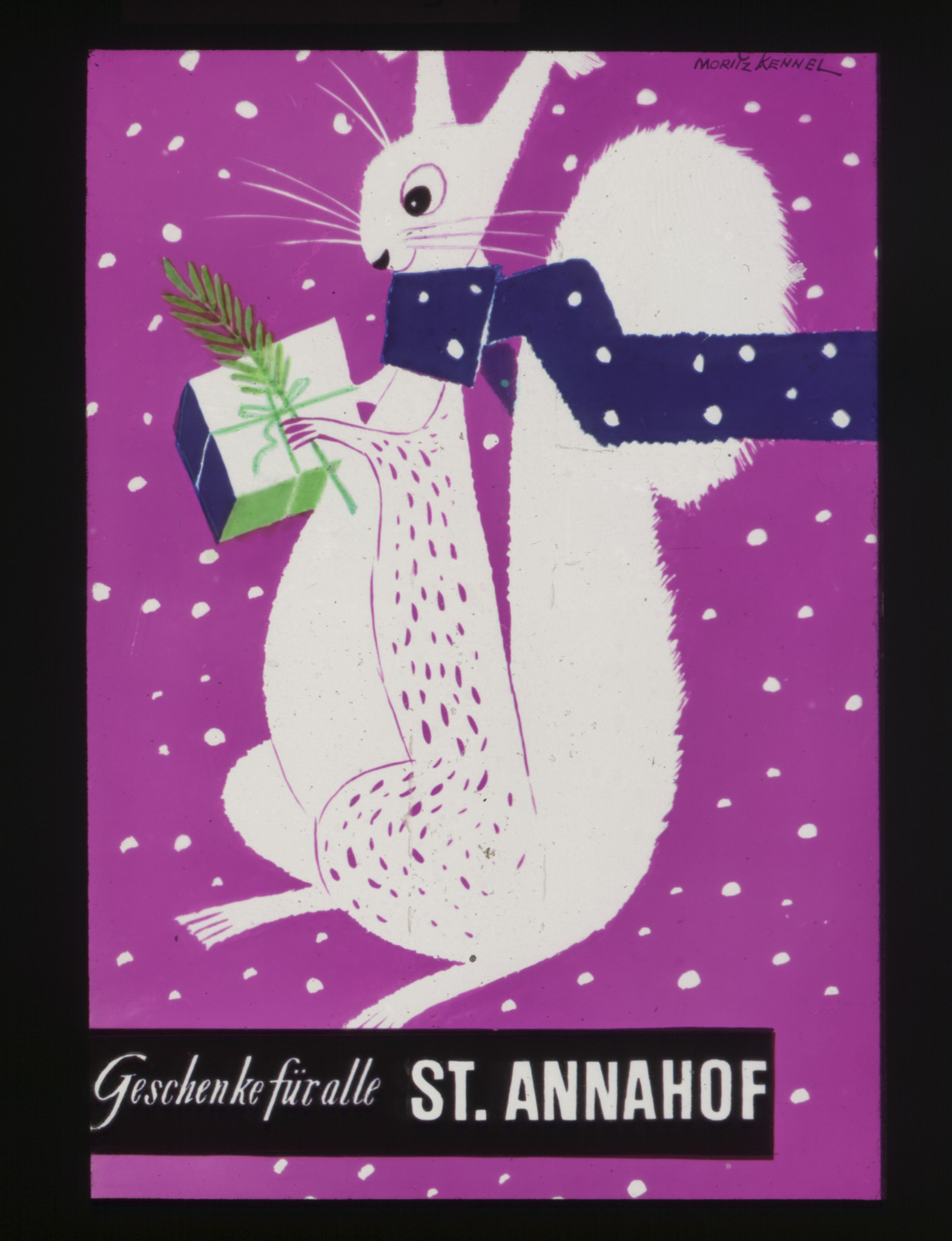 Eichhörnchen mit Schal und Geschenk: "Geschenke für alle - St. Annahof"